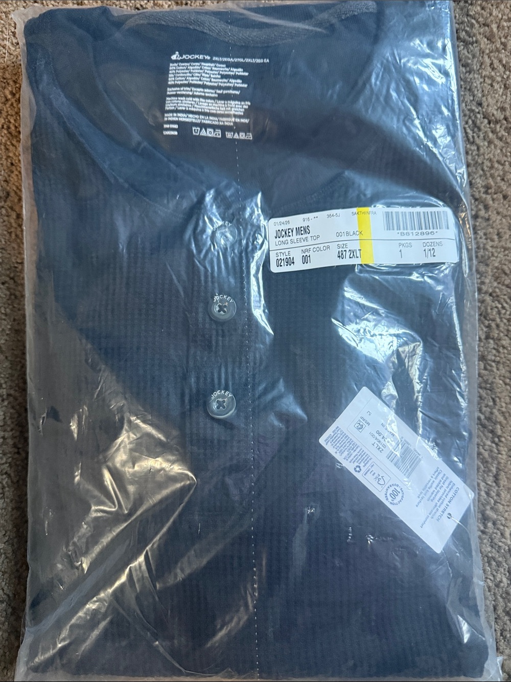 Jockey Menβs LS Waffle Henley Shirt Black Various sizes XXL, XLT, 2XLT NIP